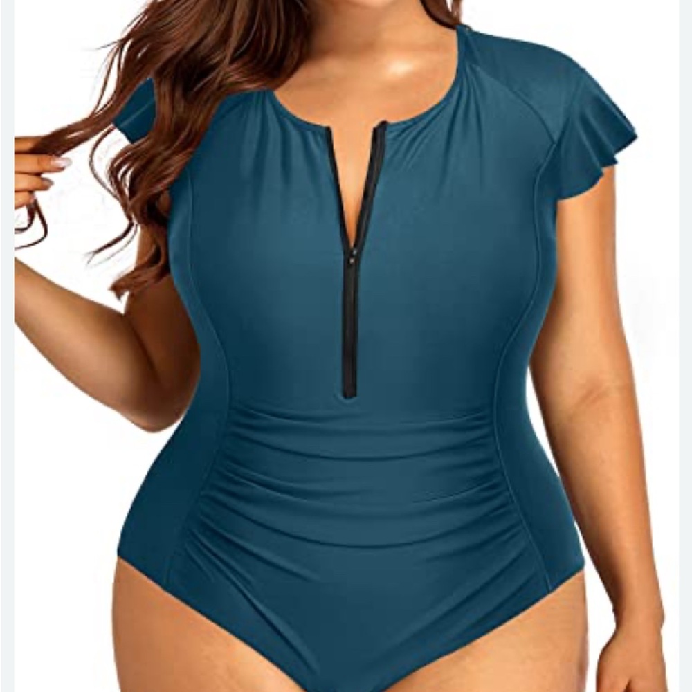 NWT Teal Ruched Zip Front One Piece Swimsuit Plus Size 20W
